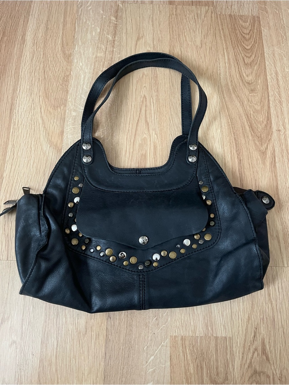 Black Studded Leather Tote Bag